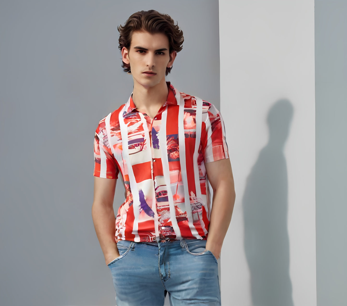 ORANGE PRINTED LINEN CASUAL SHIRT FOR MEN