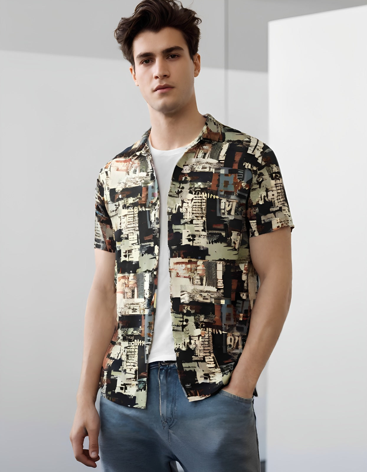 CAMOUFLAGE PRINTED LINEN CASUAL SHIRT FOR MEN